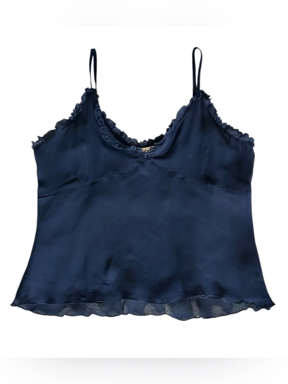 Vintage Y2K Rachele Casati Navy Blue Silk Chiffon Ruffle Trim Cami Top